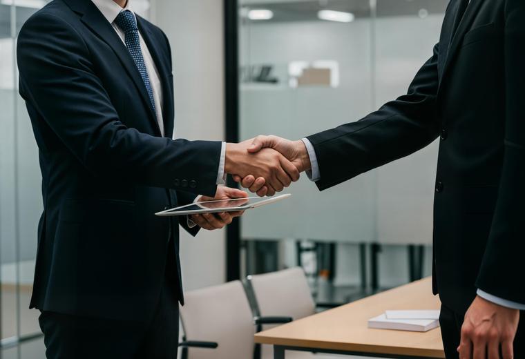 Two business partners shaking hands in an office